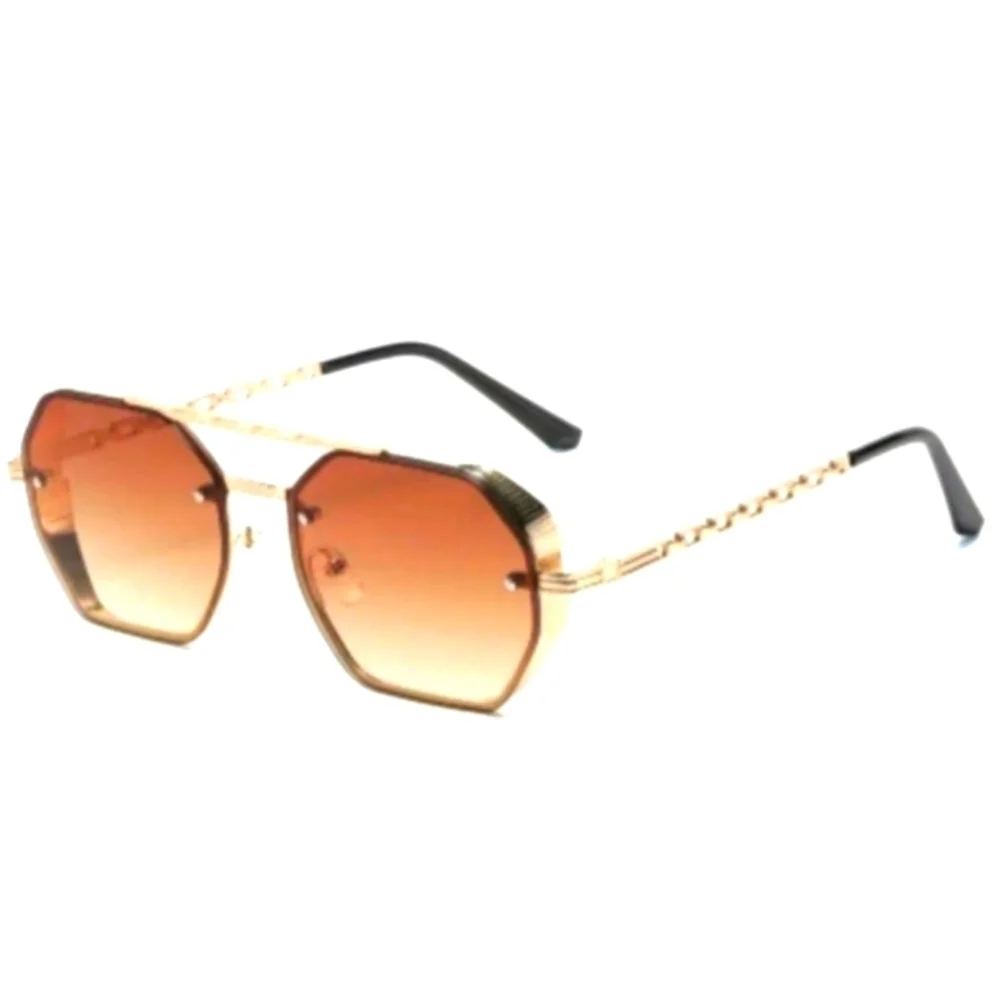 Hexagonal Gold Unisex Sunglasses with Orange Lenses